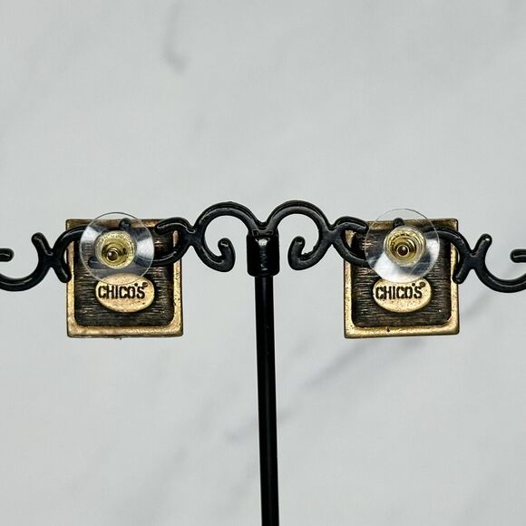 Chico's Pyramid Rhinestone Studded Square Stud Gold Tone Earrings Pierced Pair - Picture 3 of 10